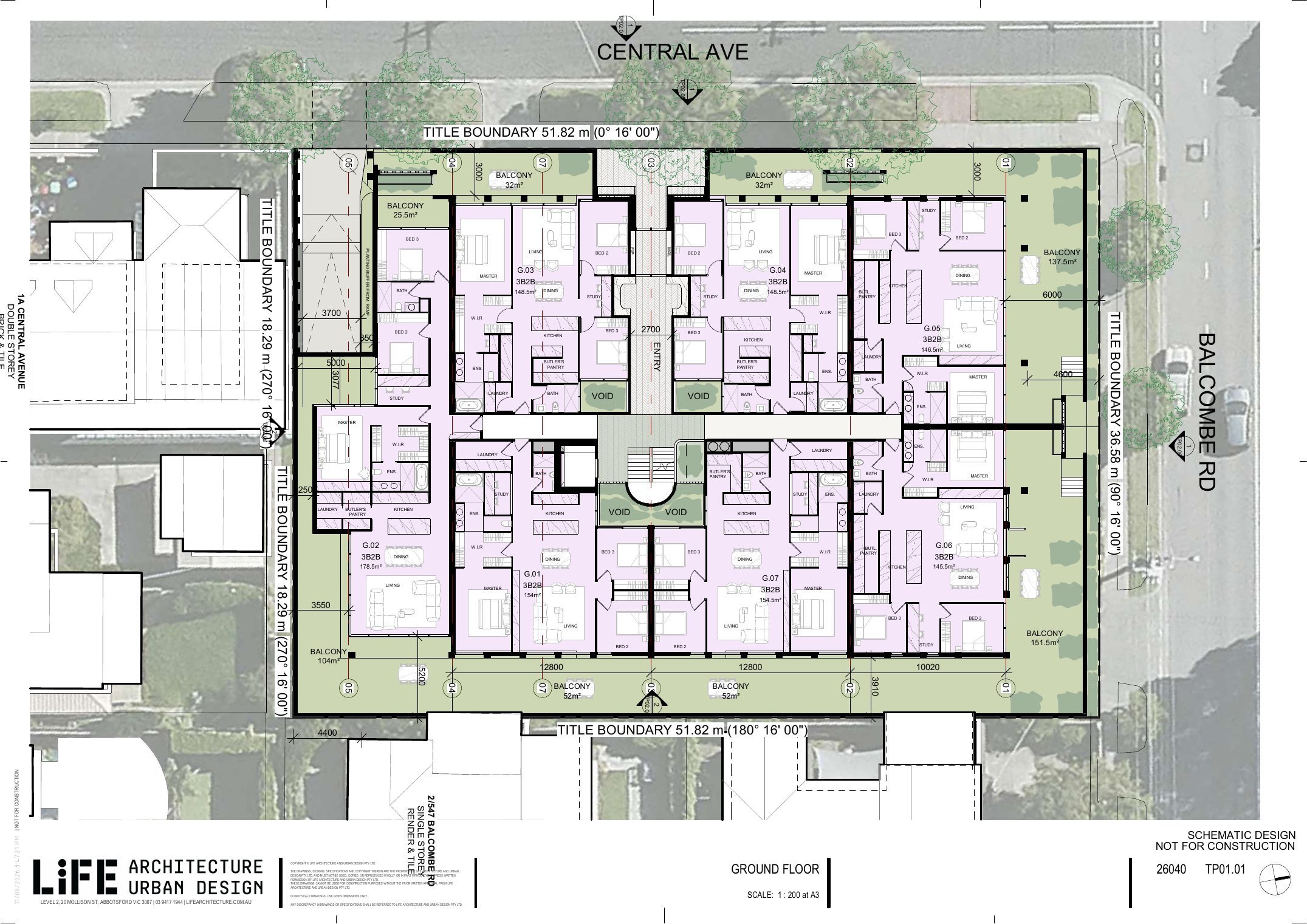 Ground floor plan — 7 garden apartments