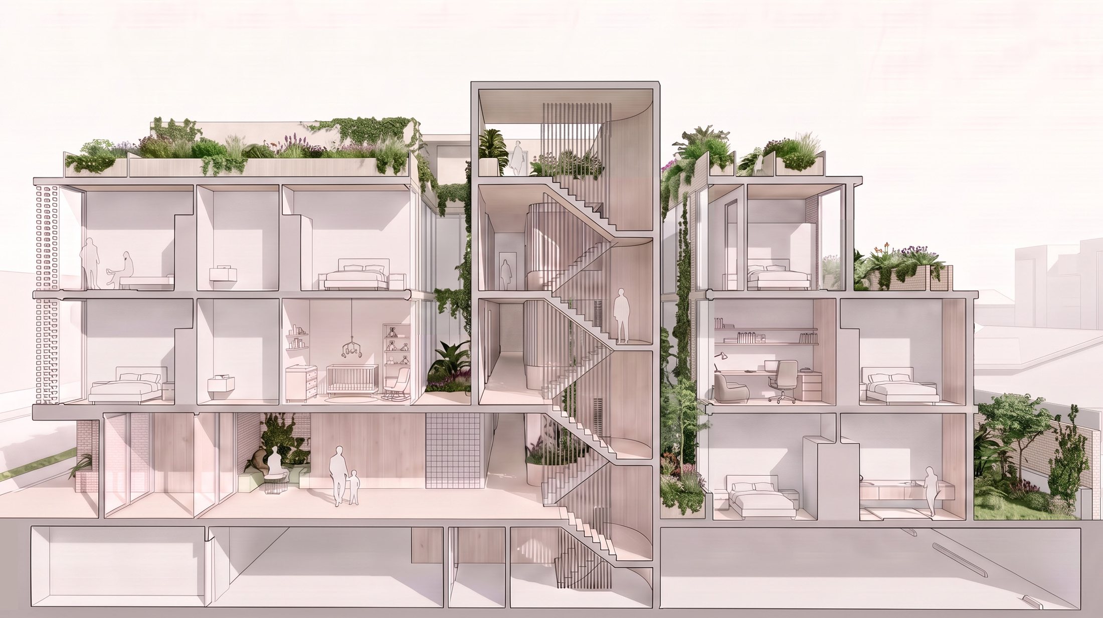 Perspective section · landscaped voids
